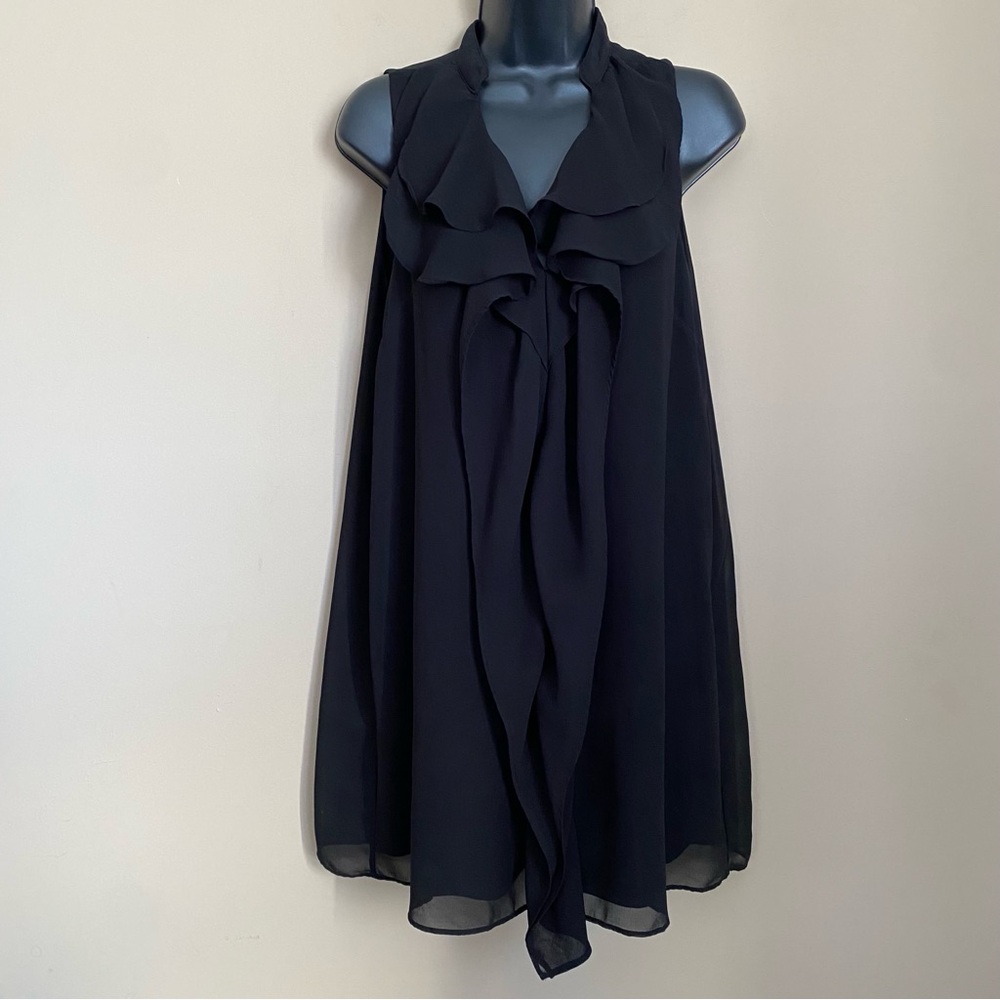 BCBGMAXAZRIA Sheer Overlay Ruffle Shift Black Dress
